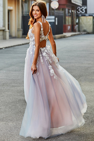 Grigio Rosa A Line Profondo Scollo a V Abito Lungo Prom con Appliques